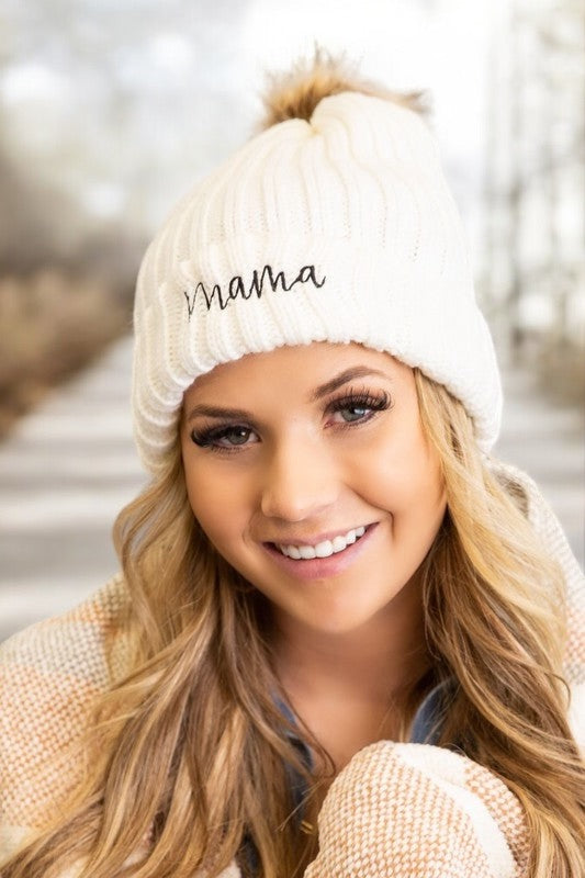 Mama Embroidered Faux Fur Pom Beanie Cap Hats