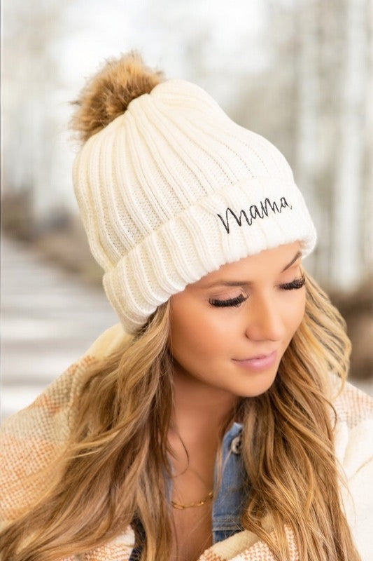 Mama Embroidered Faux Fur Pom Beanie Cap Hats