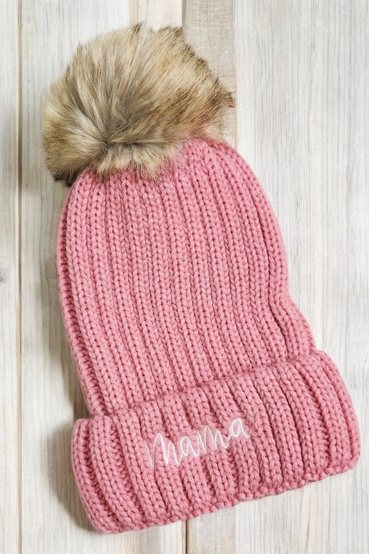 Mama Embroidered Faux Fur Pom Beanie Cap Hats