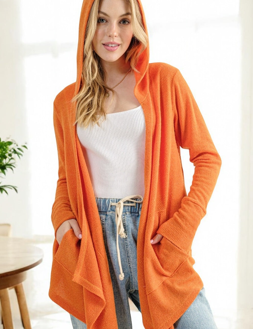 Thermal Hooded Open Front Cardigan Tops