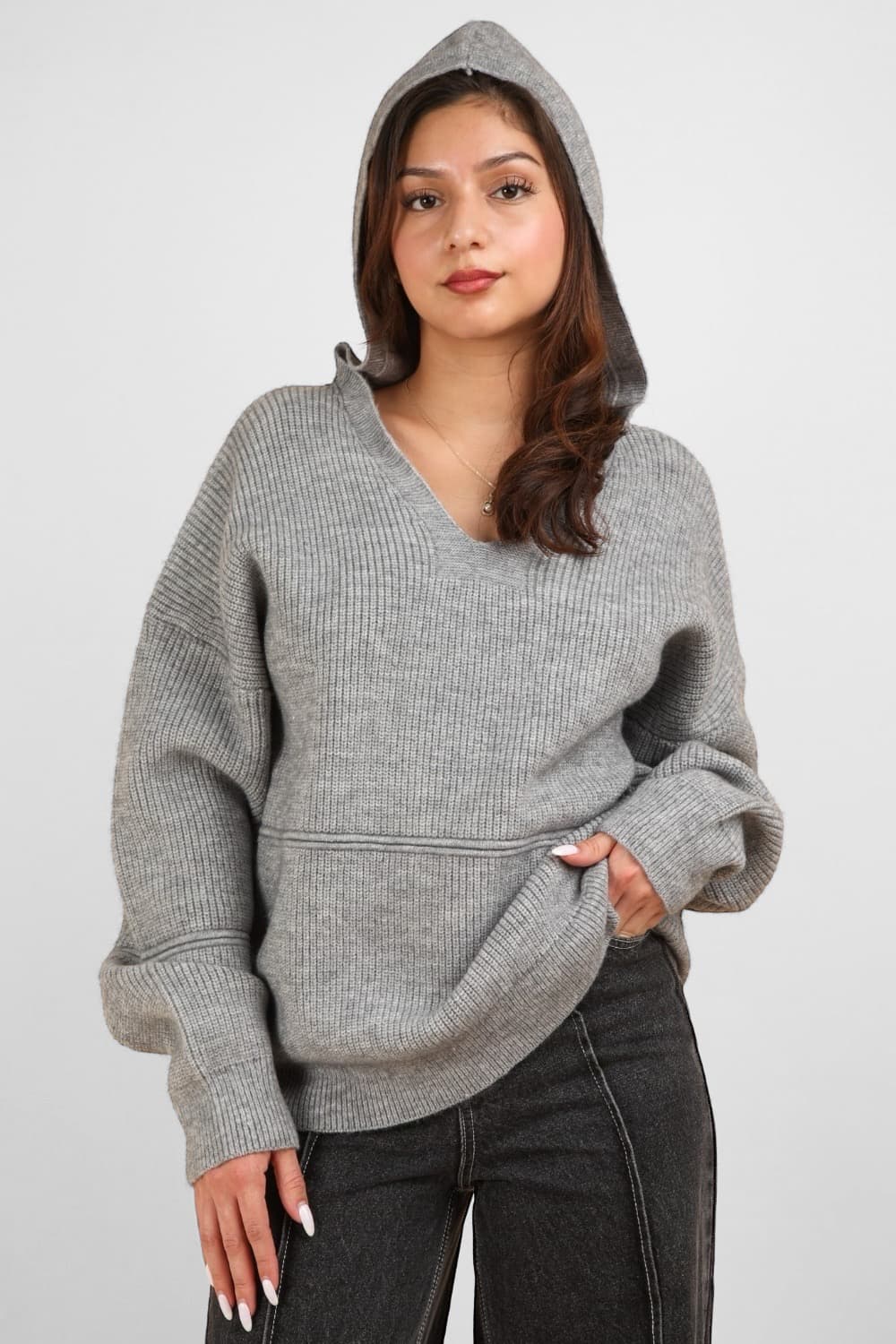 VERY J Seam Detail Drop Shoulder Hooded Sweater Tops