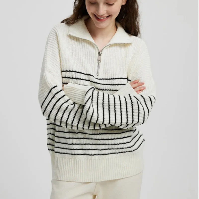 Striped Pullover Half Zip Sweater Tops