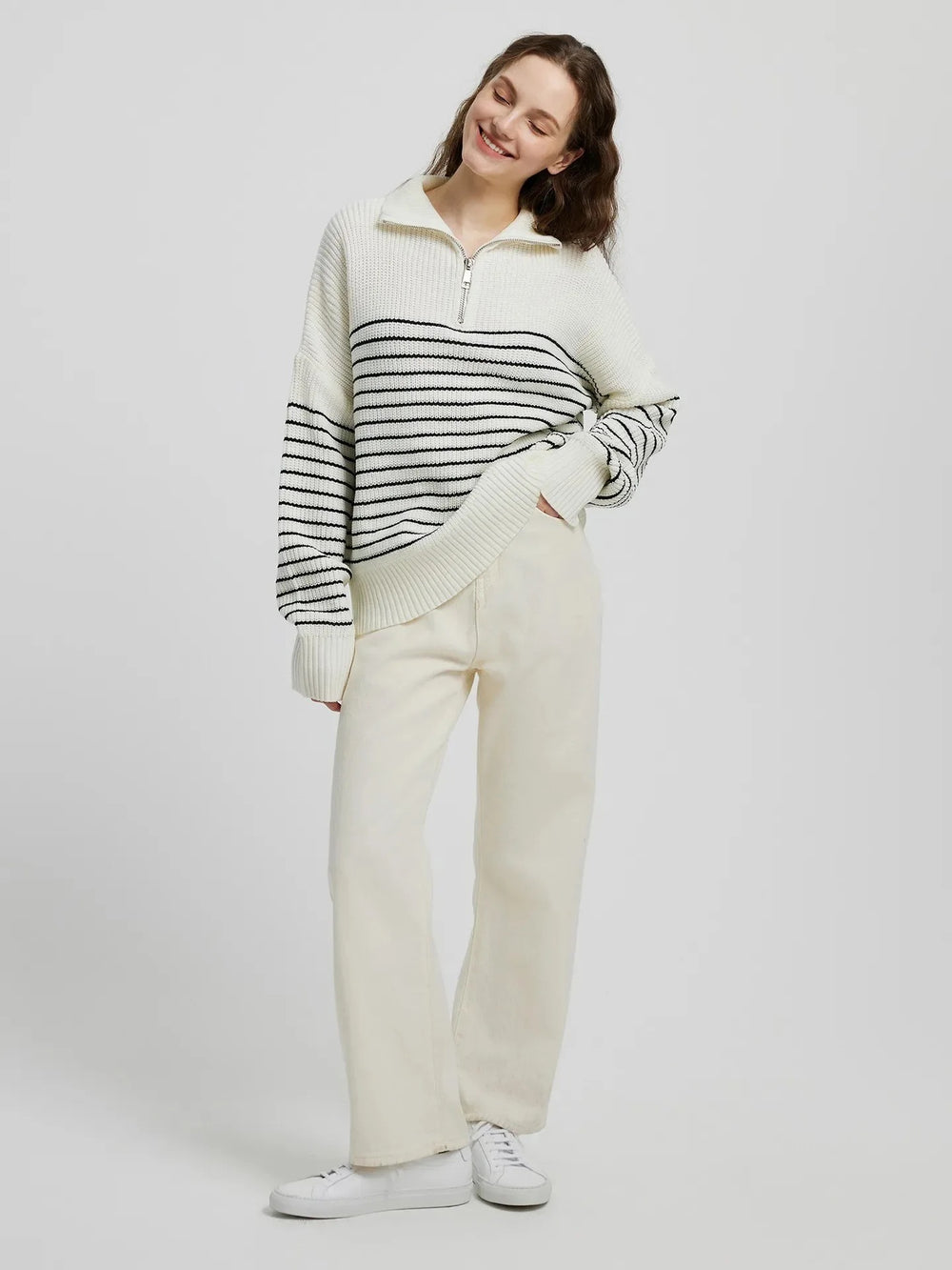 Striped Pullover Half Zip Sweater Tops