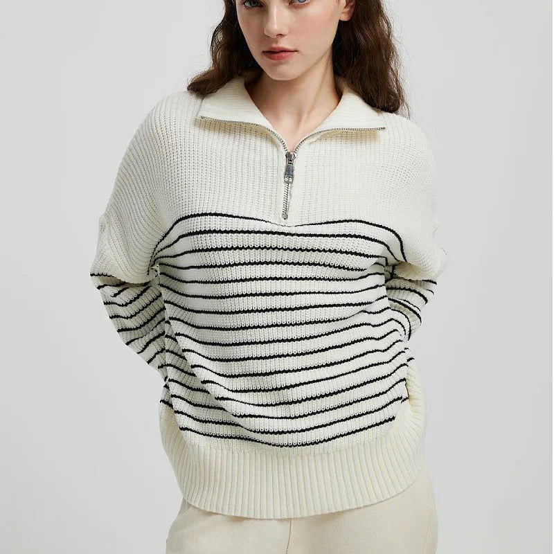 Striped Pullover Half Zip Sweater Tops