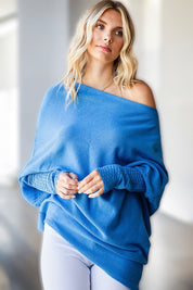 French Blue Asymmetrical Hem Dolman Sleeve Sweater Tops