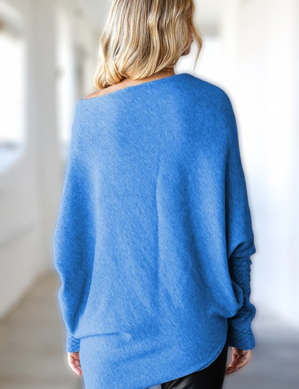 French Blue Asymmetrical Hem Dolman Sleeve Sweater Tops