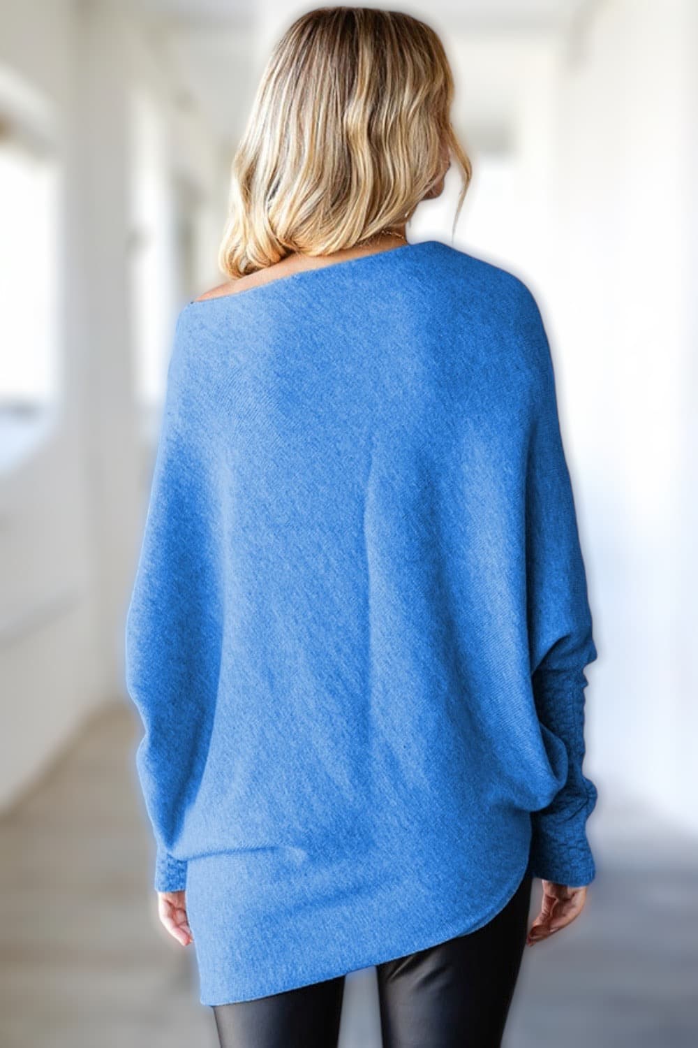 French Blue Asymmetrical Hem Dolman Sleeve Sweater Tops