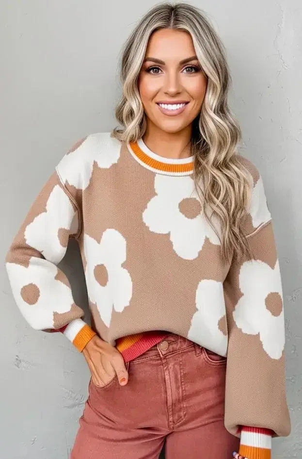 Flower Pattern Contrast Striped Baggy Sweater - DAVERRI FASHIONS