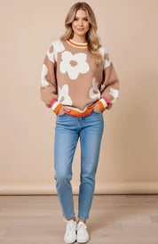 Flower Pattern Contrast Striped Baggy Sweater | Sweaters Daverri Fashions
