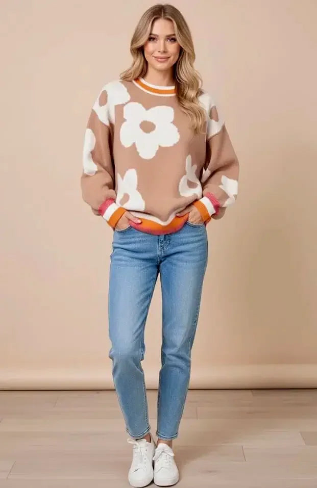 Flower Pattern Contrast Striped Baggy Sweater - DAVERRI FASHIONS