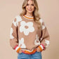 Flower Pattern Contrast Striped Baggy Sweater - DAVERRI FASHIONS