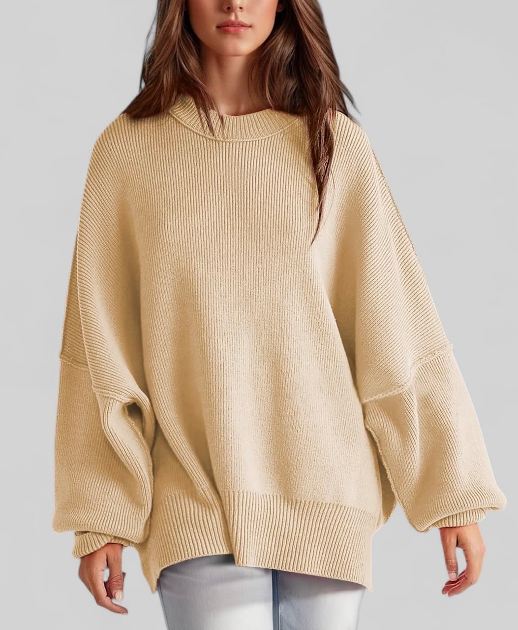 Side Slit Round Neck Long Sleeve Sweater Tops