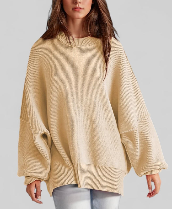 Side Slit Round Neck Long Sleeve Sweater Tops