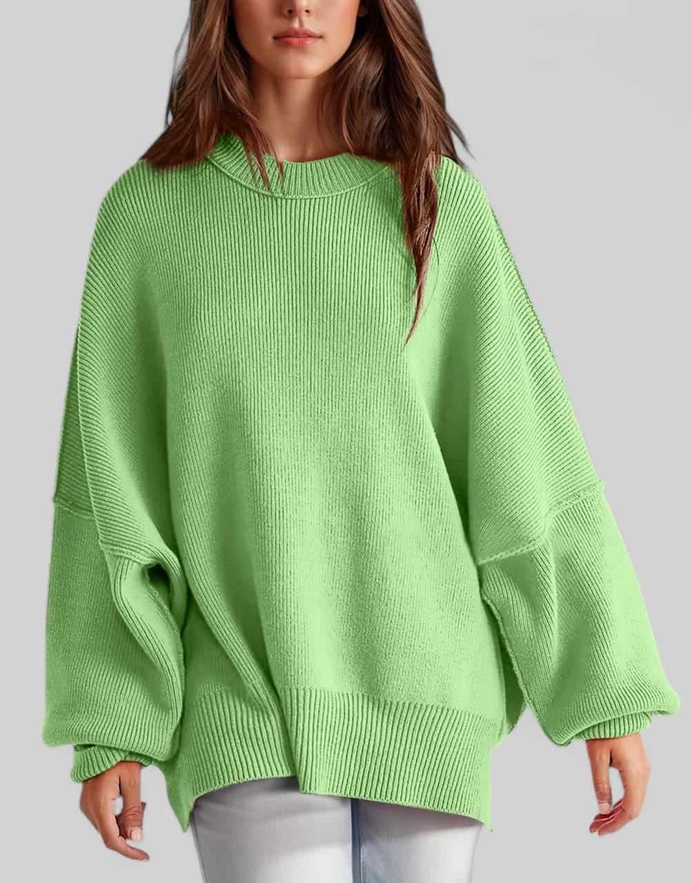 Side Slit Round Neck Long Sleeve Sweater Tops