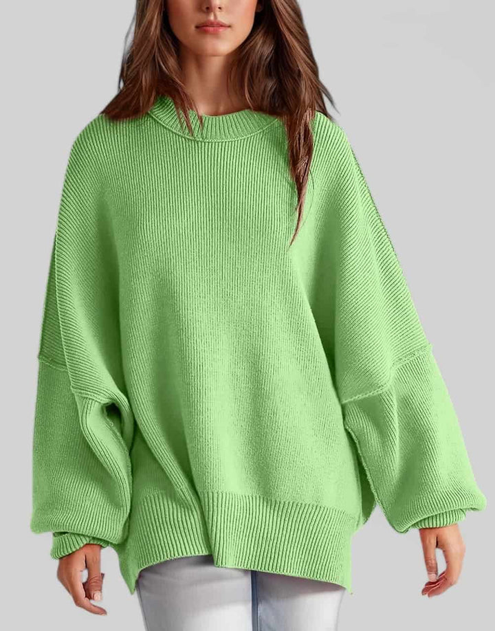 Side Slit Round Neck Long Sleeve Sweater Tops