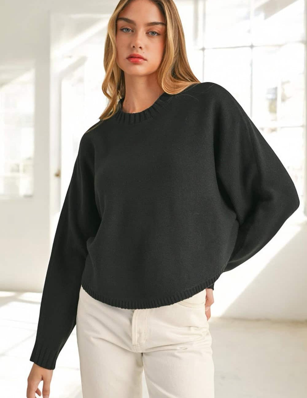 Mable Round Neck Dolman Sleeve Cropped Sweater Tops