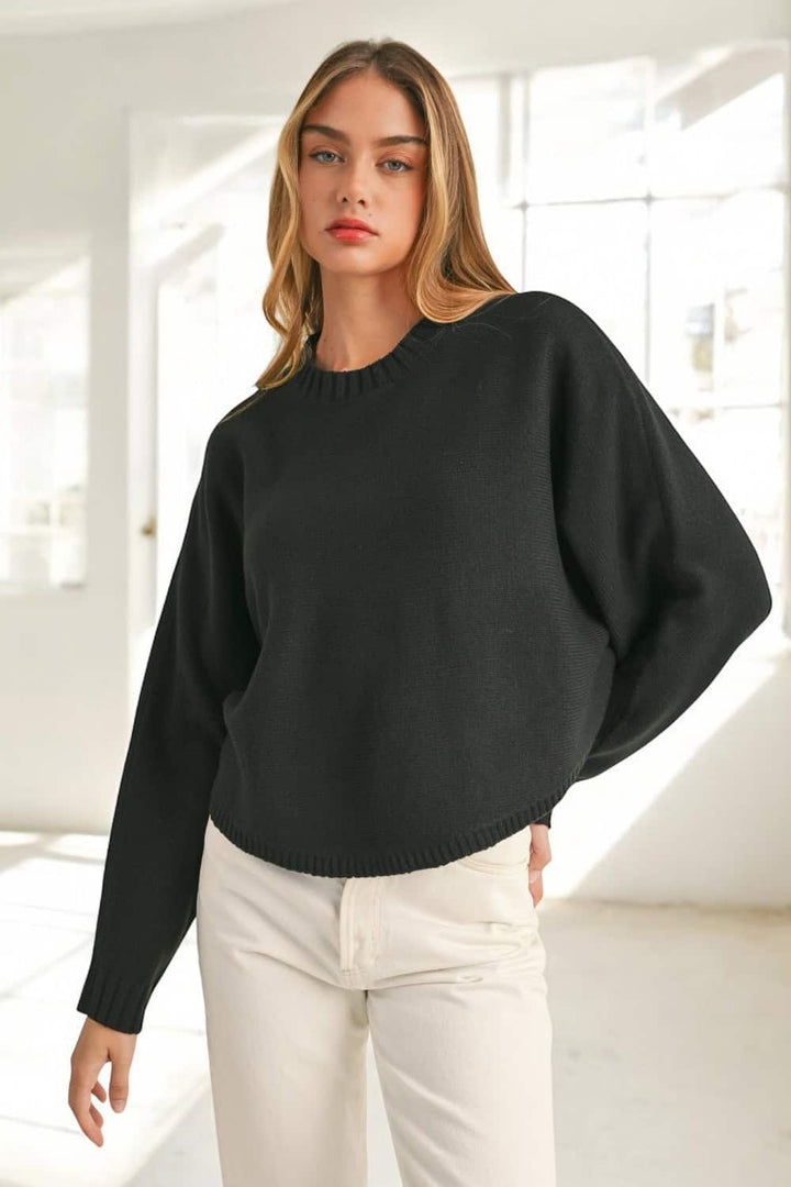 Mable Round Neck Dolman Sleeve Cropped Sweater Tops