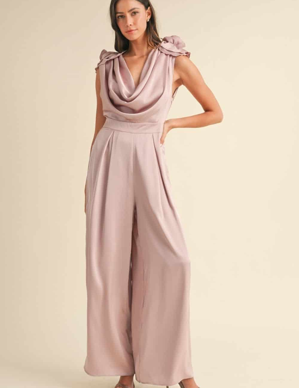 Dusty Mauve Applique Deep Cowl Neck Jumpsuit Bottoms