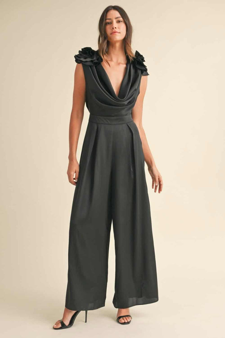 Black Applique Deep Cowl Neck Jumpsuit Bottoms