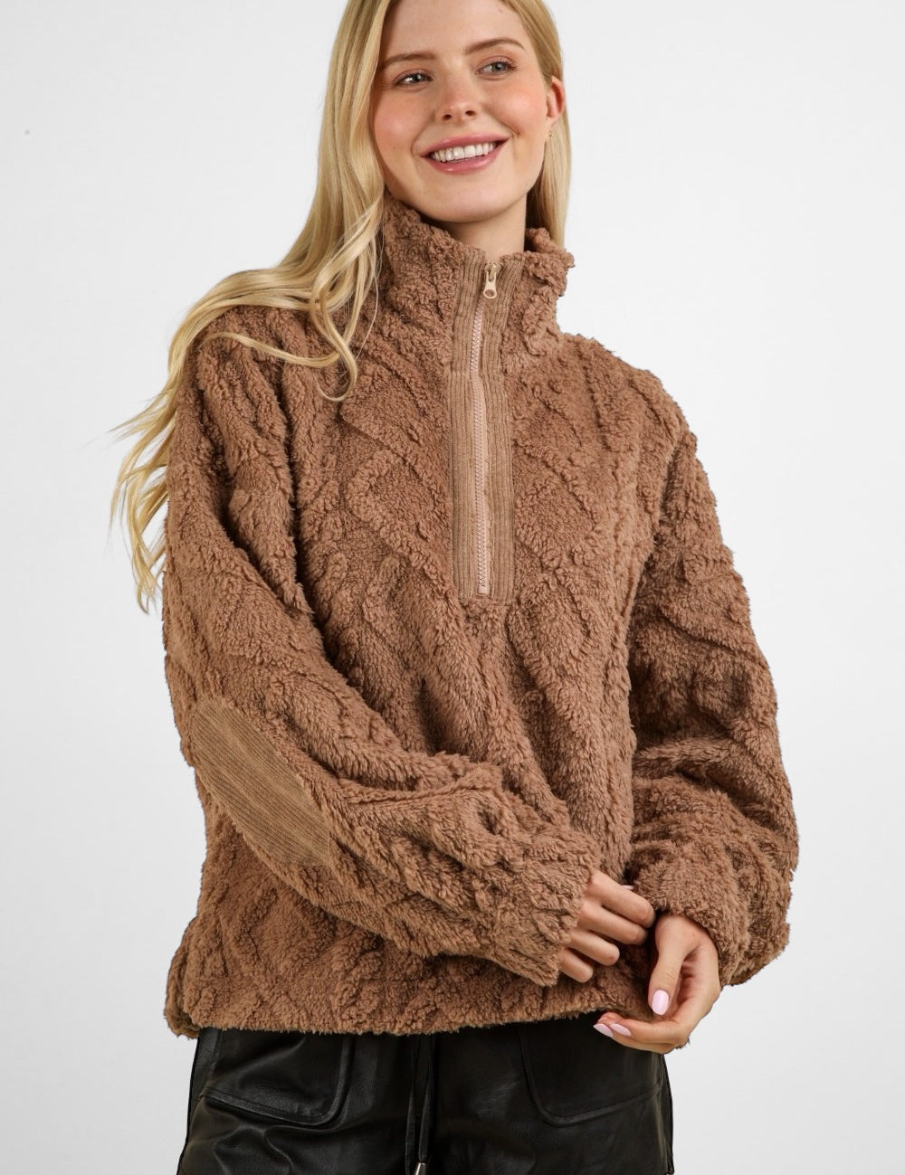 Fuzzy Fleece Half Zip Cable Pattern Sweatshirt Tops