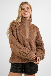 Fuzzy Fleece Half Zip Cable Pattern Sweatshirt Tops