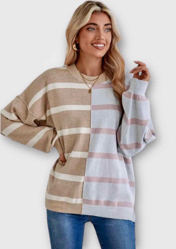 Striped Colorblock Drop Shoulder Sweater Tops