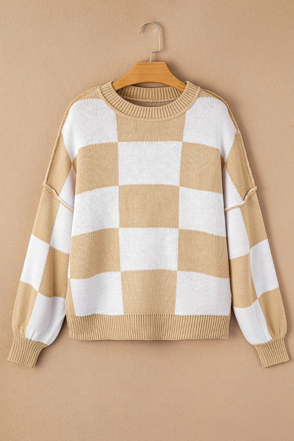 Checkered Exposed Seam Bishop Sleeve Sweater Tops