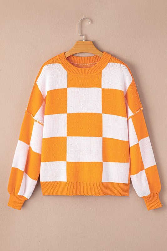 Checkered Exposed Seam Bishop Sleeve Sweater Tops