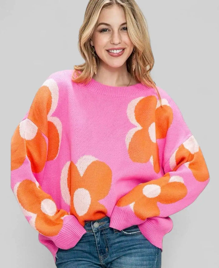 Hot Pink Bold Floral sweater Tops