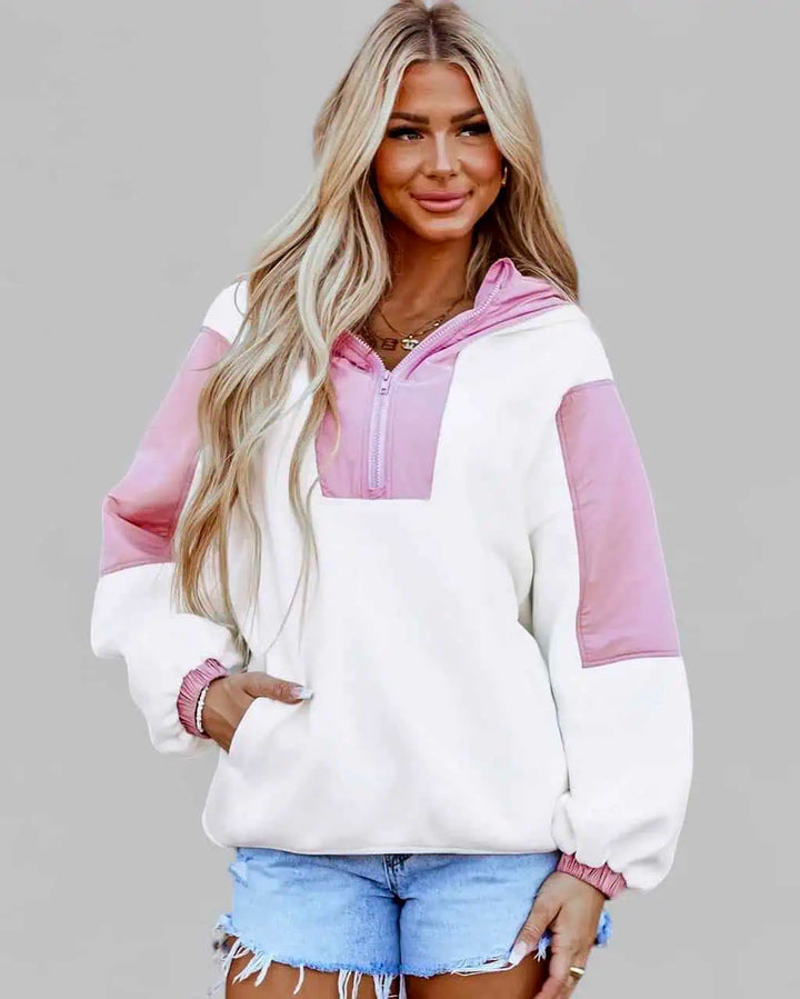 Color Block Half Zip Long Sleeve Hoodie Tops