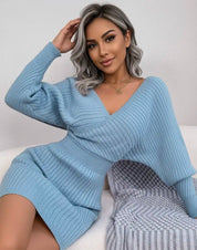 Surplice Long Sleeve Sweater Dress | Mini Dresses Daverri Fashions