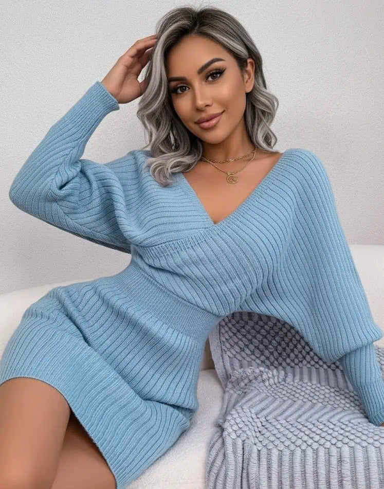 Surplice Long Sleeve Sweater Dress | Mini Dresses Daverri Fashions