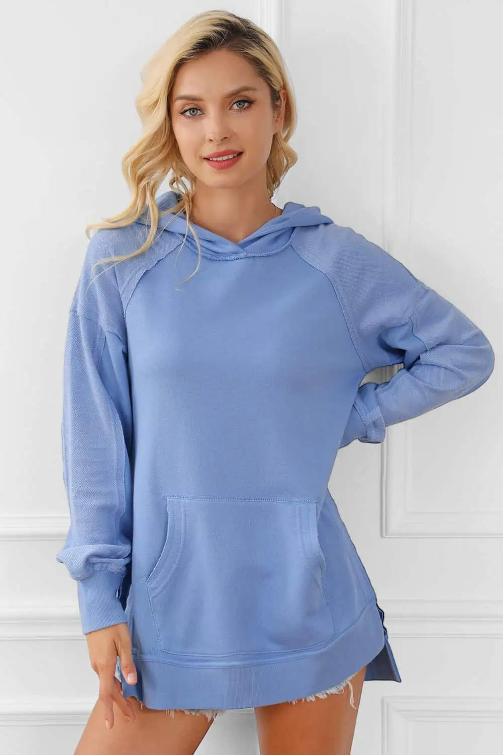 Exposed Seam Long Sleeve Slit Hoodie with Pocket Tops