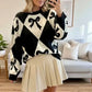Bow Pattern Long Sleeve Contrast Sweater - DAVERRI FASHIONS