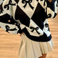 Bow Pattern Long Sleeve Contrast Sweater - DAVERRI FASHIONS