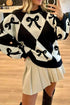 Bow Pattern Long Sleeve Contrast Sweater - DAVERRI FASHIONS