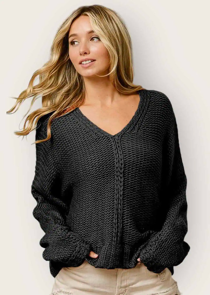 V-Neck Cable Knit Sweater Tops