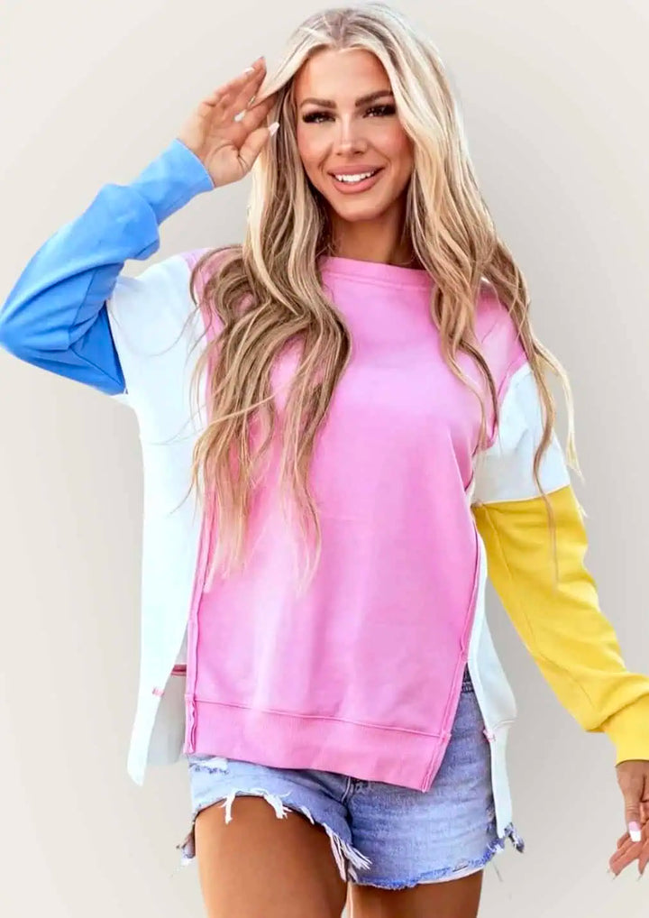 Slit Contrast Round Neck Long Sleeve Sweatshirt Tops