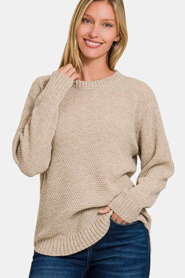 Round Neck Long Sleeve Curved Hem Sweater Tops