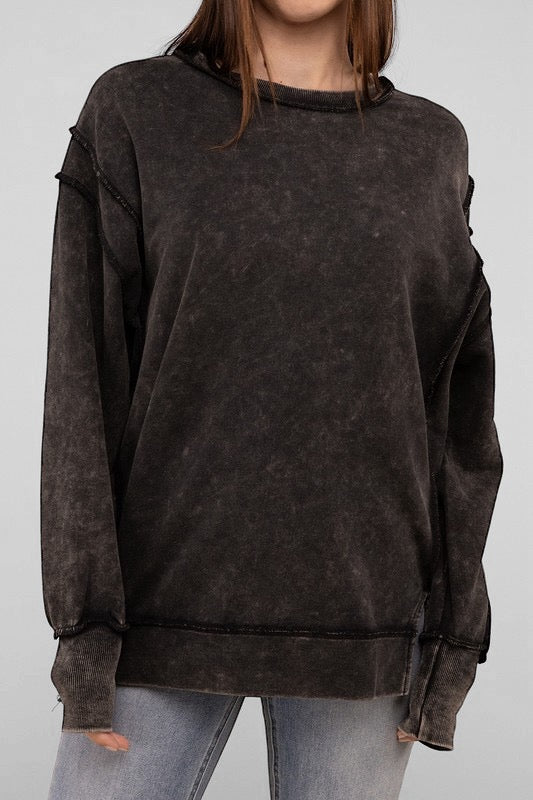 Acid Wash French Terry Exposed-Seam Sweatshirt ASH BLACK Tops