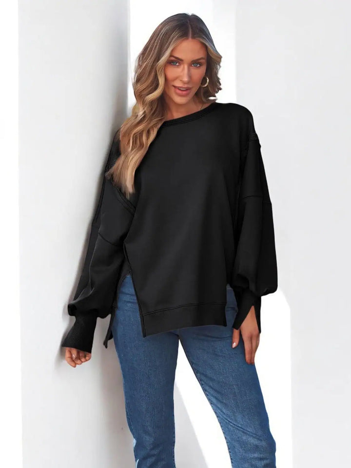 Slit Round Neck Long Sleeve Sweatshirt Tops