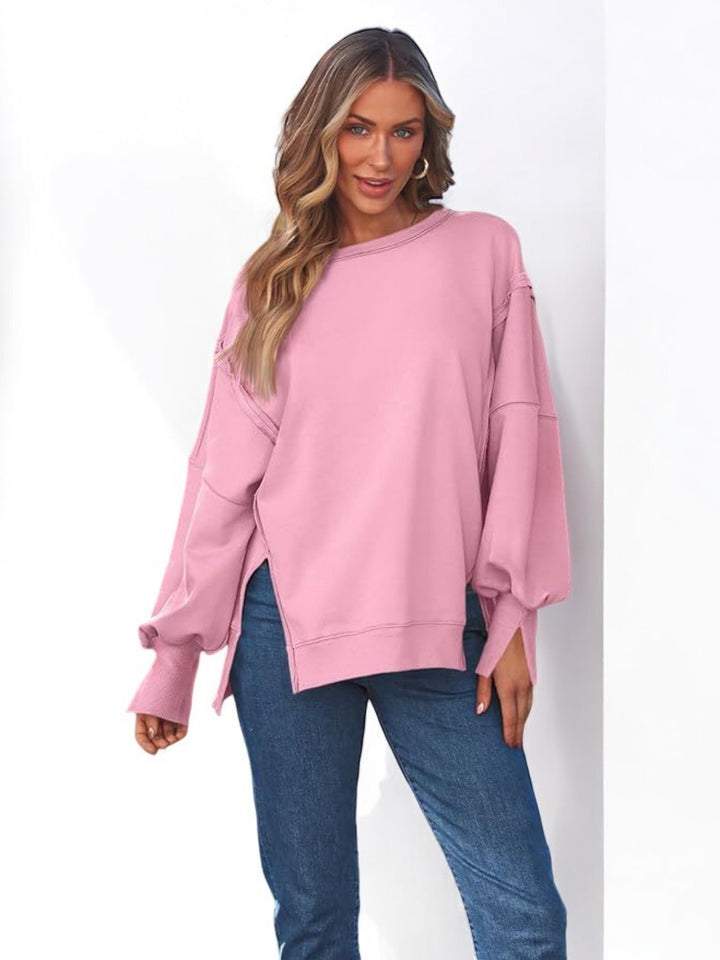 Slit Round Neck Long Sleeve Sweatshirt Tops