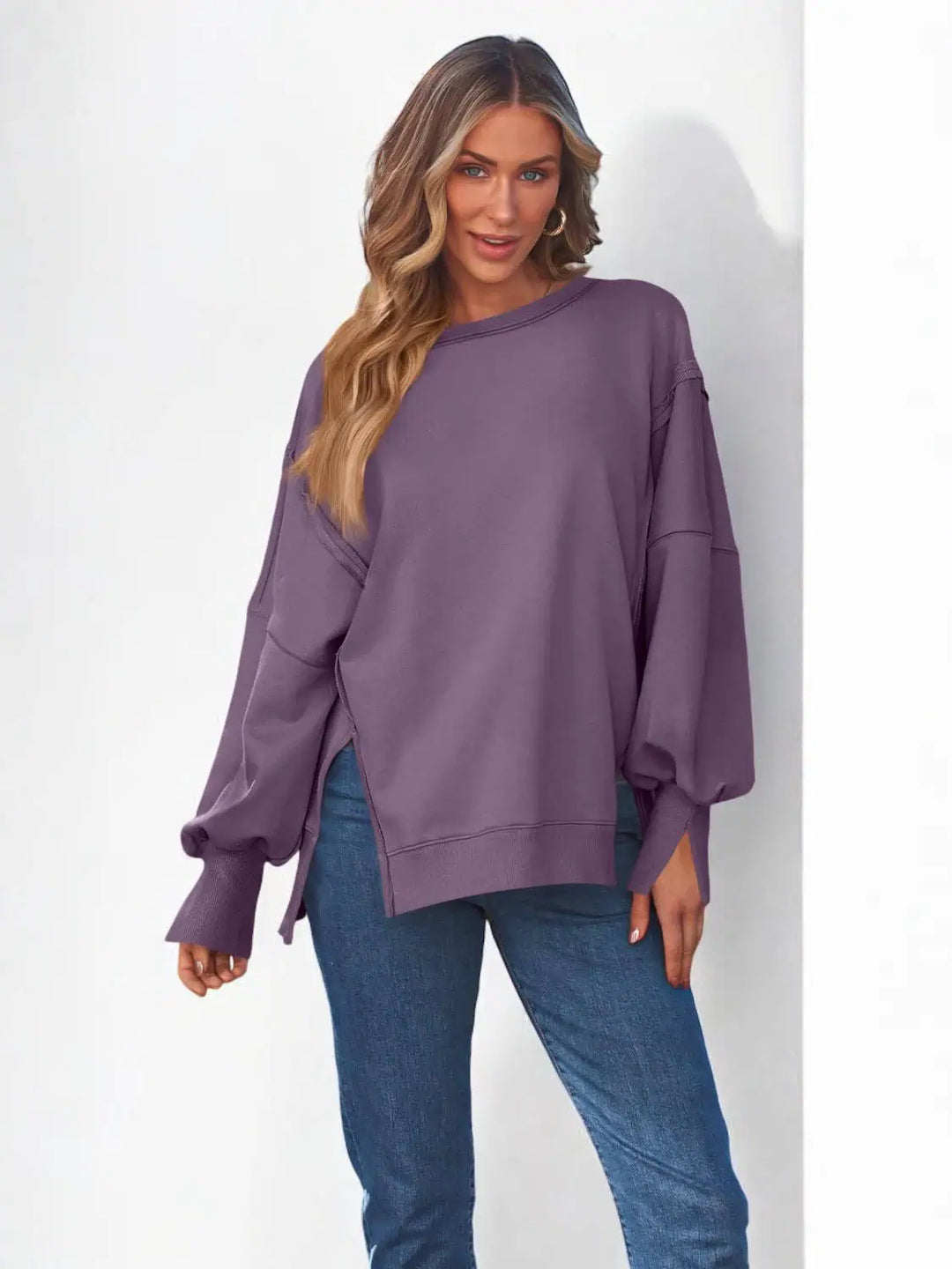 Slit Round Neck Long Sleeve Sweatshirt Tops