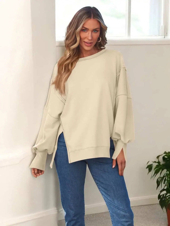 Slit Round Neck Long Sleeve Sweatshirt Tops