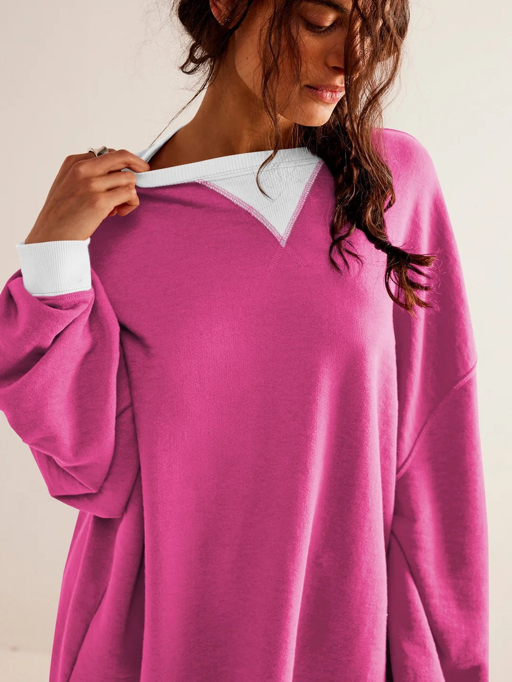 Contrast Trim Round Neck Long Sleeve Sweatshirt Tops