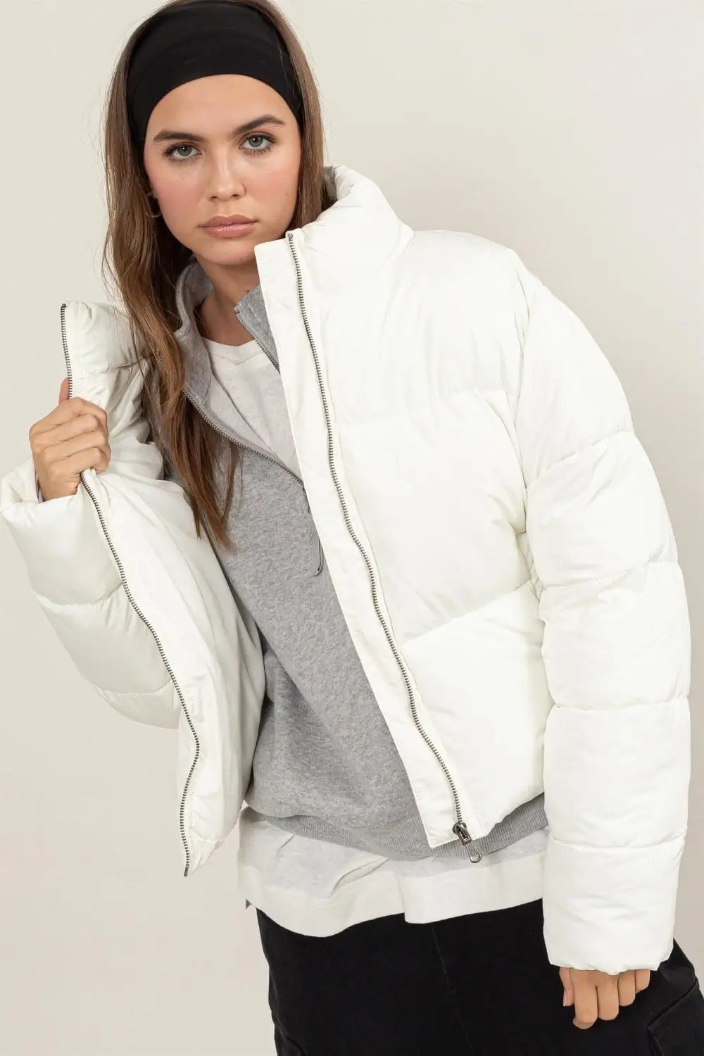 Quilted Back Drawstring Puffer Jacket Tops