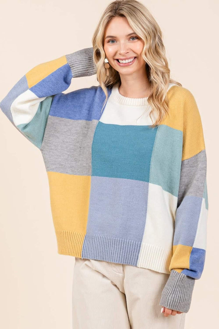 Round Neck Color Block Sweater Tops