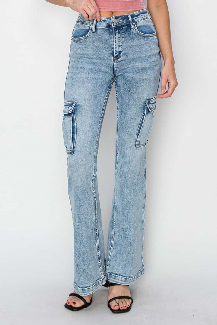 RISEN Full Size High Rise Cargo Flare Jeans Bottoms