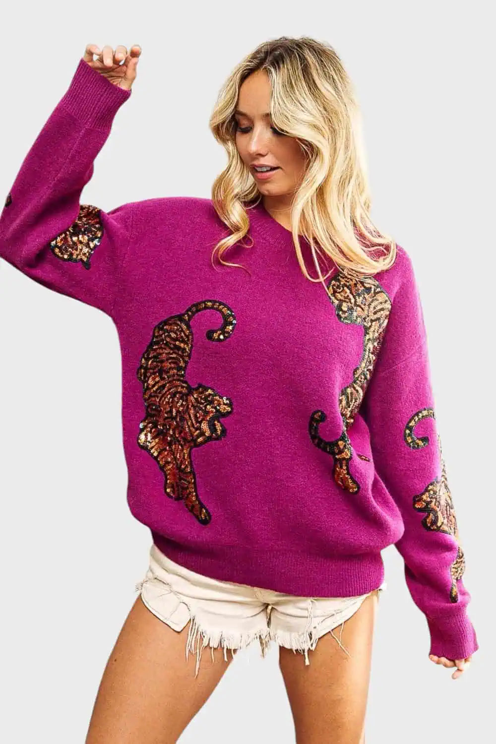 BiBi Sequin Tiger Embroidery Sweater Tops