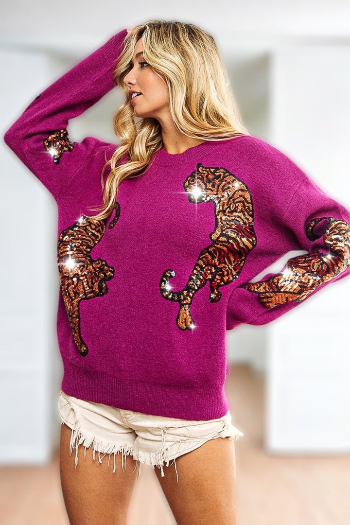 BiBi Sequin Tiger Embroidery Sweater Tops